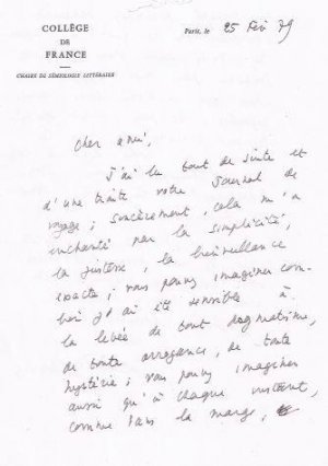Lettre de Roland Barthes à la réception du manuscrit du Voyage en Chine